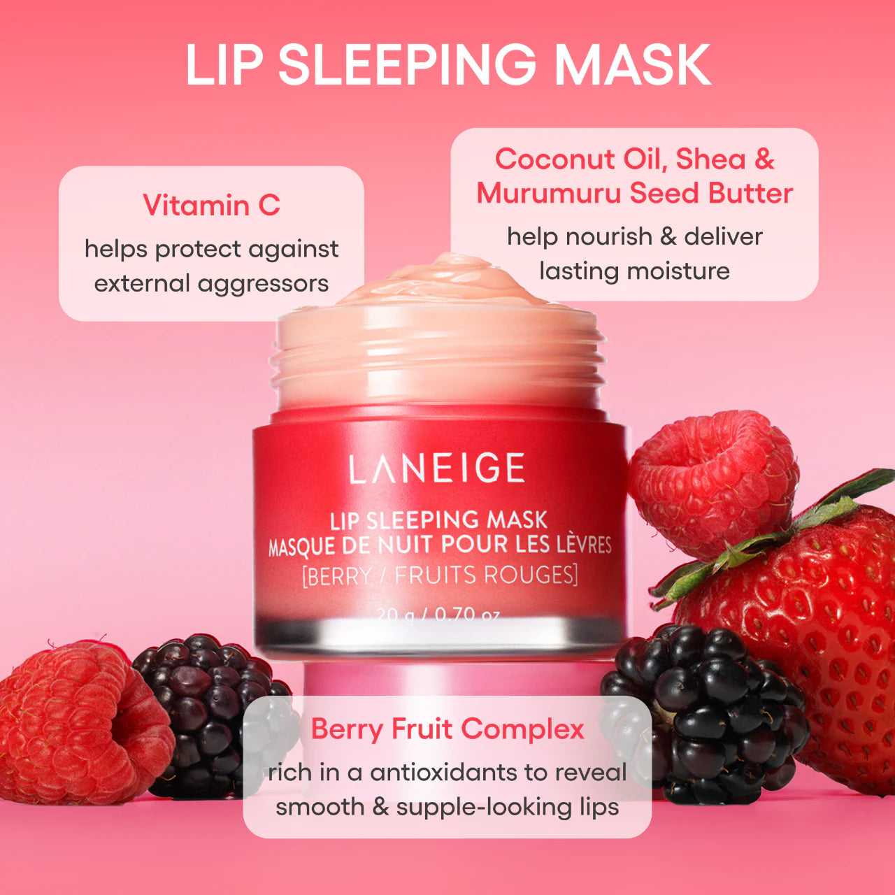 03 Laneige Lip Sleeping Mask / Hidratación intensa con Vitamina C - Suaviza y proporciona elasticidad a tus labios